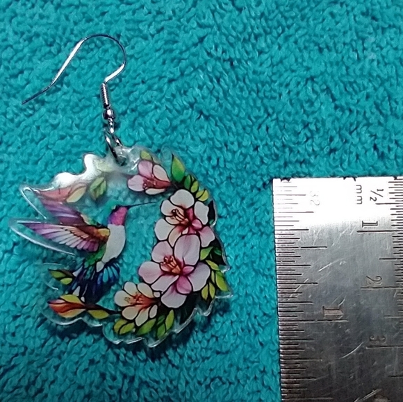Cute wire dangle earrings hummingbird flower floral - Picture 2 of 3
